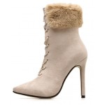 Khaki Suede Lace Up Fur Trim Pointed Head Stiletto High Heels Boots Shoes